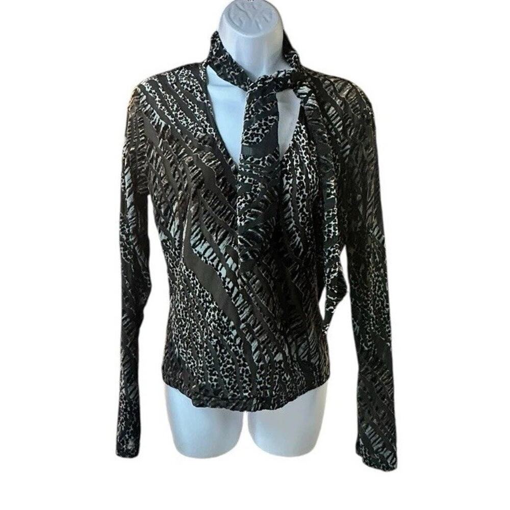 Cache Vintage Burnout Velvet Sheer Blouse Animal Print Tie Neck Y2K *Read*